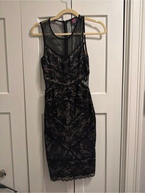 bebe Black Lace Midi Dress with Mesh Yoke